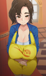 Rule 34 | 1girl, apron, blue shirt, blurry, blurry background, blush, breasts, brown eyes, brown hair, cleavage, collared shirt, creatures (company), earrings, game freak, haiji (sugakunigate), highres, huge breasts, jewelry, long sleeves, looking at viewer, mature female, nintendo, paldea mother, pokemon, pokemon sv, shirt, smile, solo, yellow apron