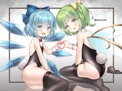 Rule 34 | 2girls, alternate costume, ass, bare arms, bare shoulders, black legwear, black leotard, blue bow, blue eyes, blue hair, blue wings, blush, bow, bowtie, cirno, commission, daiyousei, detached collar, fairy wings, fake tail, green eyes, green hair, grey background, hair between eyes, hair bow, heart, heart hands, heart hands duo, ice, ice wings, juugou taki, leotard, looking at viewer, medium hair, multiple girls, open mouth, playboy bunny, rabbit tail, red neckwear, sitting, smile, tail, thighhighs, touhou, transparent wings, twitter username, wings, wrist cuffs, yellow bow