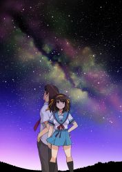 Rule 34 | 1boy, 1girl, bow, bowtie, brown eyes, brown hair, facing away, hair ornament, hair ribbon, hand in pocket, hand on own hip, haruhisky, highres, kyon, long hair, looking up, md5 mismatch, necktie, night, pants, resolution mismatch, ribbon, school uniform, shirt, skirt, sky, smile, source larger, standing, star (sky), suzumiya haruhi, suzumiya haruhi no yuuutsu, thighhighs