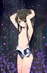 Rule 34 | 1girl, ahoge, aqua eyes, armpits, arms up, blush, breasts, brown hair, clothes pull, female focus, flower, futago monad, heart, highres, long hair, looking at viewer, navel, nipples, one-piece swimsuit, one-piece swimsuit pull, orchid, shiny skin, showering, small breasts, solo, standing, swimsuit, tamasaka makoto, tokyo 7th sisters, very long hair, water