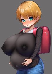 Rule 34 | 1girl, backpack, bag, blonde hair, blue pants, blush, breasts, covered erect nipples, cowboy shot, female focus, green eyes, grey background, hands on stomach, highres, huge breasts, impossible clothes, lactation, lactation through clothes, long sleeves, open mouth, oppai loli, pants, pregnant, randoseru, short hair, simple background, solo, watari1118