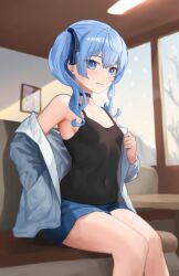 Rule 34 | 1girl, absurdres, bare shoulders, black camisole, blue choker, blue eyes, blue hair, blue jacket, blue ribbon, blue shorts, blush, breasts, camisole, choker, closed mouth, couch, covered navel, diptip, hair between eyes, hair ribbon, highres, hololive, hoshimachi suisei, jacket, long hair, looking at viewer, on couch, open clothes, open jacket, ribbon, shorts, side ponytail, sitting, small breasts, solo, star (symbol), star in eye, symbol in eye, thighs, virtual youtuber