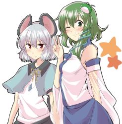 Rule 34 | 2girls, ;), alternate hair length, alternate hairstyle, animal ears, black skirt, blouse, blue skirt, blush, bow, bowtie, capelet, commentary request, detached sleeves, eyebrows, frog, frog hair ornament, green eyes, green hair, grey hair, hair ornament, kochiya sanae, looking at viewer, mana (gooney), mouse ears, mouse tail, multiple girls, nazrin, neck ribbon, one eye closed, red eyes, ribbon, see-through, see-through sleeves, shirt, short hair, simple background, skirt, smile, snake, snake hair ornament, star (symbol), sweat, sweatdrop, tail, touhou, upper body, v, white background, white shirt, wide sleeves, yellow bow, yellow bowtie, yellow ribbon