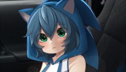 Rule 34 | 1girl, :|, animal hood, artist name, bad id, bad twitter id, bare shoulders, blue hair, car interior, closed mouth, commentary, genderswap, genderswap (mtf), green eyes, hair between eyes, hood, humanization, looking at viewer, messy hair, rayrie, shirt, short hair, sitting, sleeveless, sleeveless shirt, solo, sonic (live action), sonic (series), sonic the hedgehog, sonic the hedgehog (film), white shirt