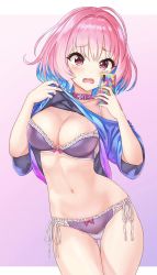 Rule 34 | 1girl, ahoge, blue hair, blue shirt, bra, breasts, cleavage, clothes lift, collar, collarbone, cowboy shot, fangs, gluteal fold, hair intakes, hamahama, hands up, highres, holding, holding phone, idolmaster, idolmaster cinderella girls, large breasts, lifting own clothes, lingerie, looking at viewer, multicolored hair, navel, no pants, open mouth, panties, phone, pink eyes, pink hair, purple bra, purple panties, shirt, shirt lift, short hair, side-tie panties, solo, standing, stomach, thigh gap, two-tone hair, underwear, yumemi riamu