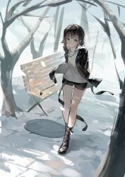 Rule 34 | 1girl, absurdres, arms behind back, bare tree, bench, black footwear, black jacket, black shorts, black socks, blunt bangs, brown eyes, brown hair, commentary, dot nose, flipped hair, frown, full body, highres, jacket, jewelry, manhole cover, mo011010, necklace, open clothes, open jacket, original, outdoors, park bench, shirt, short hair, shorts, sidelocks, snow, socks, solo, symbol-only commentary, tree, white shirt, winter