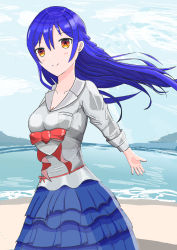 Rule 34 | 1girl, absurdres, artist name, artist request, beach, blue skirt, blue sky, blush, bow, cloud, female focus, grey shirt, highres, long hair, looking at viewer, love live!, love live! school idol festival, love live! school idol project, mountain, ocean, outdoors, outstretched arms, parted lips, red bow, shirt, skirt, sky, smile, solo, sonoda umi, yellow eyes, yuso mrk315