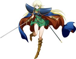 Rule 34 | 1girl, armor, bare legs, belt, blonde hair, breastplate, brown belt, brown footwear, closed mouth, deedlit, dress, elf, eyelashes, floating hair, full body, green dress, green eyes, highres, holding, holding sword, holding weapon, long hair, looking at viewer, official art, pointy ears, record of lodoss war, sheath, shiny skin, short dress, shoulder armor, smile, solo, standing, straight hair, sword, transparent background, unsheathed, very long hair, weapon