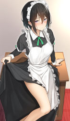 Rule 34 | 1girl, apron, arm support, bare legs, black dress, black hair, blush, closed mouth, clothes lift, commentary request, desk, dress, dress lift, feet out of frame, frilled apron, frills, green ribbon, hair between eyes, highres, juliet sleeves, lifting own clothes, long sleeves, looking at viewer, maid, maid apron, maid headdress, neck ribbon, original, pallad, puffy sleeves, purple eyes, ribbon, short hair, sitting, solo, white apron