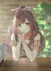Rule 34 | 1girl, bare shoulders, blurry, blurry background, bow, brown bow, brown eyes, brown hair, brown shirt, closed mouth, clothing cutout, collarbone, commentary request, elbows on table, floral print, frilled shirt, frilled sleeves, frills, hair bow, hands up, head rest, highres, idolmaster, idolmaster shiny colors, indoors, light particles, light rays, long hair, looking at viewer, menu, own hands together, pekoni (peconi), pov across table, print bow, print shirt, restaurant, rose print, shirt, short sleeves, shoulder cutout, smile, solo, sunbeam, sunlight, swept bangs, table, tsukioka kogane, upper body, wavy hair, wooden table