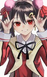 Rule 34 | 1girl, \m/, absurdres, black hair, bun cover, double \m/, earrings, grin, hair between eyes, hair ornament, hairclip, hands up, highres, jacket, jewelry, long hair, long sleeves, love live!, love live! school idol project, nico nico nii, official alternate costume, red eyes, red jacket, smile, solo, sore wa bokutachi no kiseki, twintails, upper body, w arms, yazawa nico, zen.nico