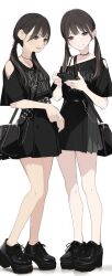Rule 34 | 2girls, ama mitsuki, bag, bare legs, black bag, black eyes, black footwear, black hair, black shirt, black skirt, blush, boots, brown hair, cellphone, clothes writing, cross-laced footwear, full body, high heels, highres, holding, holding phone, jewelry, long hair, looking at phone, low twintails, multiple girls, necklace, open mouth, original, phone, platform boots, platform footwear, purple eyes, shirt, shoes, short sleeves, shoulder bag, simple background, skirt, smartphone, smile, standing, twintails, white background