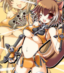 Rule 34 | 1girl, ;d, animal ears, arc system works, bad id, bad pixiv id, blazblue, blazblue: continuum shift, breasts, brown hair, dual wielding, gloves, holding, makoto nanaya, midriff, multicolored hair, navel, one eye closed, open mouth, orange skirt, red eyes, revealing clothes, short hair, skirt, smile, solo, squirrel ears, squirrel tail, tail, thighhighs, tonfa, two-tone hair, underboob, weapon, white hair, wink, yoroi nau, zoom layer