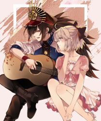 Rule 34 | 2girls, blonde hair, blush, boots, crest, dress, family crest, fate/grand order, fate (series), guitar, hair between eyes, hair ribbon, hat, instrument, japanese clothes, leila (yurisouls), long hair, looking to the side, multiple girls, music, oda kippoushi (fate), oda nobunaga (fate), oda nobunaga (koha-ace), okita souji (fate), okita souji (koha-ace), peaked cap, pink dress, red eyes, ribbon, short hair, thighhighs, yuri
