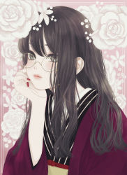 Rule 34 | 1girl, absurdres, brown eyes, brown hair, closed mouth, commentary, eyewear strap, floral background, flower, glasses, head rest, highres, japanese clothes, kimono, long hair, long sleeves, looking at viewer, medibang paint (medium), nail polish, obi, obiage, original, pink background, purple kimono, red nails, rose, round eyewear, sash, solo, upper body, ushiyama ame, white flower, white rose, wide sleeves, yellow-framed eyewear
