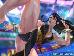 Rule 34 | 1girl, armpits, ass, black hair, bracelet, breasts, brown legwear, capcom, china dress, chinese clothes, chun-li, cleavage, collarbone, colored skin, dress, earrings, fantasy, fighting stance, jewelry, judash137, kicking, large breasts, long hair, looking at viewer, open mouth, parted lips, pelvic curtain, puffy sleeves, sash, short hair, side slit, solo, spiked bracelet, spikes, street fighter, thick thighs, thighs, toned, upskirt, white skin