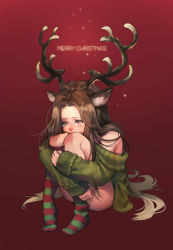 Rule 34 | 1girl, animal ears, antlers, bare shoulders, brown eyes, brown hair, crying, deer ears, full body, green sweater, highres, horns, hugging own legs, long hair, merry christmas, personification, red background, red nose, rudolph the red nosed reindeer, sitting, socks, solo, striped clothes, striped legwear, striped socks, sweater, very long hair, yeonjun park