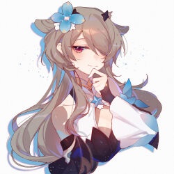 Rule 34 | 1girl, blue flower, blush, breasts, brown hair, dress, flower, hair flower, hair ornament, hair over one eye, hand on own chin, highres, honkai (series), honkai impact 3rd, long hair, looking at viewer, mole, mole under eye, nail polish, official alternate costume, red eyes, rita rossweisse, rita rossweisse (fallen rosemary), silence (pixiv18541142), small breasts, smile, solo, star (symbol), upper body