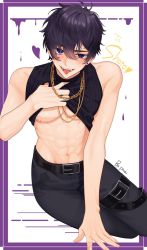 Rule 34 | 1boy, abs, bare arms, bare shoulders, belt, blue eyes, clothes lift, commission, fangs, gold necklace, indie virtual youtuber, jewelry, male focus, muscular, muscular male, navel, necklace, nipples, open clothes, open mouth, open shirt, pants, pinchi, purple hair, shirt lift, short hair, shoto (vtuber), skeb commission, smile, solo, stomach, tank top, thick eyebrows, tongue, tongue out, underpec, virtual youtuber