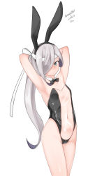 Rule 34 | 1girl, absurdres, ahoge, animal ears, arms behind head, asashimo (kancolle), black bow, black bowtie, bow, bowtie, breasts, cowboy shot, dated, detached collar, grey eyes, hair over one eye, headband, highres, kantai collection, leotard, long hair, looking at viewer, maru (marg0613), meme attire, navel, playboy bunny, ponytail, rabbit ears, see-through, see-through leotard, silver hair, simple background, small breasts, solo, standing, translucent bunnysuit, twitter username, white background
