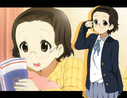 Rule 34 | book, brown eyes, brown hair, extra, forehead, glasses, hairband, k-on!, kakiuchi itsuki, pajamas, school uniform, shima chizuru, short hair