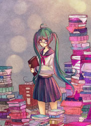 Rule 34 | 1girl, ahoge, bad id, bad pixiv id, bespectacled, book, book stack, glasses, green hair, hatsune miku, highres, holding, holding book, iralion, long hair, school uniform, serafuku, skirt, solo, too many, too many books, twintails, very long hair, vocaloid