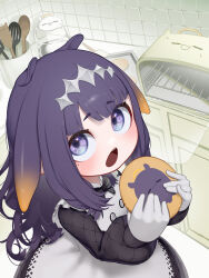 Rule 34 | 1girl, animal ears, appleblossomtea, apron, black dress, black hair, blue eyes, blunt bangs, blush, character cookie, chibi, chibi only, commentary, cookie, curly hair, dress, english commentary, flat chest, food, frilled apron, frills, from above, gloves, gradient hair, hair flaps, headpiece, highres, holding, holding cookie, holding food, hololive, hololive english, indoors, kitchen, long hair, long sleeves, looking at viewer, mole, mole under eye, multicolored hair, ninomae ina&#039;nis, ninomae ina&#039;nis (pastry chef), official alternate costume, official alternate hairstyle, open mouth, orange hair, pinafore dress, puffy long sleeves, puffy sleeves, quilted clothes, quilted dress, sidelocks, sleeveless, sleeveless dress, solo, takodachi (ninomae ina&#039;nis), tentacle hair, virtual youtuber, white apron, white dress, white gloves