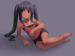 Rule 34 | 00s, 1girl, :o, absurdres, bad id, bad pixiv id, bare shoulders, barefoot, bike shorts, black hair, brown eyes, feet, full body, highres, k-on!, latex, long hair, lying, nakano azusa, observerz, on side, one-piece tan, shorts, simple background, solo, spandex, tan, tank top, tanline, twintails