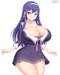 Rule 34 | 1girl, blue eyes, blue hair, blue theme, breasts, cleavage, curvy, dress, hairband, huge breasts, kainkout, long hair, looking at viewer, smile, solo, standing, tagme, tsukikage koharu, valkyrie drive, valkyrie drive -bhikkhuni-, wide hips
