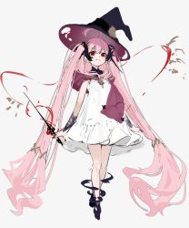 Rule 34 | 1girl, absurdly long hair, absurdres, ahoge, bare legs, black footwear, black hat, black ribbon, dress, full body, hair ornament, hair ribbon, hat, highres, holding, holding wand, long hair, looking at viewer, magic, nail polish, original, pink hair, red eyes, red nails, ribbon, shokuen (oxstl), simple background, solo, standing, twintails, very long hair, wand, white background, white dress, witch, witch hat