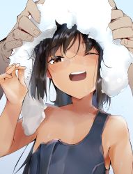 Rule 34 | 1boy, 1girl, artist name, bare arms, bare shoulders, black hair, blue one-piece swimsuit, blush, brown eyes, clothes pull, commentary request, drying, drying hair, fingernails, hair between eyes, hand up, head tilt, highres, i-401 (kancolle), kantai collection, long hair, looking at viewer, one-piece swimsuit, one-piece swimsuit pull, one eye closed, open mouth, out of frame, round teeth, school swimsuit, smile, solo focus, swimsuit, tan, teeth, towel, towel on head, uno ryoku, upper body, upper teeth only, wet