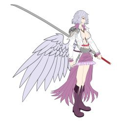 Rule 34 | 1990s (style), 1girl, absurdres, alternate costume, bad id, bad pixiv id, breasts, dress, final fantasy, final fantasy vii, full body, highres, jacket, katana, kishin sagume, large breasts, miniskirt, ootachi, open clothes, red eyes, retro artstyle, reverse grip, short hair, shoulder pads, silver hair, single wing, skirt, smile, solo, sword, tk31, touhou, trait connection, transparent background, weapon, wings