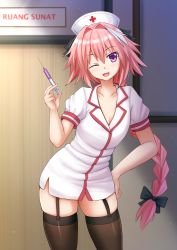 Rule 34 | 1boy, ;d, alternate costume, astolfo (fate), black bow, bow, braid, brown thighhighs, collarbone, commentary, contrapposto, crossdressing, eyes visible through hair, fang, fate/apocrypha, fate (series), garter straps, hair bow, hair intakes, hair ribbon, hand on own hip, hat, highres, kazenokaze, long hair, looking at viewer, male focus, nurse, nurse cap, one eye closed, open mouth, pink hair, purple eyes, ribbon, single braid, skindentation, smile, solo, standing, syringe, thighhighs, trap, very long hair