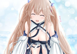 Rule 34 | 1girl, absurdres, anchorage (azur lane), artist request, azur lane, bare shoulders, blue coat, blush, breasts, cleavage, closed eyes, coat, crossed bangs, downblouse, eagle union (emblem), hanging breasts, highres, large breasts, leaning forward, light brown hair, long hair, looking at viewer, micro shorts, open mouth, ribbon between breasts, shorts, sleeves past fingers, sleeves past wrists, smile, solo, standing, very long sleeves