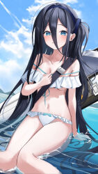 Rule 34 | 1girl, absurdly long hair, aris (blue archive), bikini, black hair, black hairband, blue archive, blue eyes, blush, breasts, closed mouth, collarbone, doka l, hairband, highres, long hair, looking at viewer, navel, off-shoulder bikini, off shoulder, one side up, small breasts, smile, solo, swimsuit, underboob, very long hair, water, white bikini