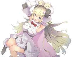 Rule 34 | 1girl, animal ears, arm garter, armpits, arms up, black footwear, blonde hair, blue eyes, blush, boots, breasts, cape, curled horns, detached sleeves, dress, dutch angle, full body, fur-trimmed boots, fur-trimmed dress, fur-trimmed sleeves, fur trim, gradient eyes, hair ornament, hairclip, highres, hololive, horns, long hair, looking at viewer, medium breasts, moritatsu, multicolored eyes, open mouth, pink cape, sheep ears, sheep girl, sheep horns, short dress, simple background, smile, solo, tsunomaki watame, tsunomaki watame (1st costume), virtual youtuber, white background, white dress, wool, yellow eyes
