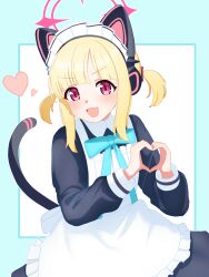 Rule 34 | 1girl, :3, animal ear headphones, animal ears, apron, blonde hair, blue archive, blush, cat ear headphones, cat ears, cat tail, fake animal ears, fake tail, frilled apron, frills, halo, headphones, heart, heart hands, highres, hururu game, long sleeves, looking at viewer, maid, momoi (blue archive), momoi (maid) (blue archive), neck ribbon, open mouth, pink eyes, ribbon, smile, solo, tail, twintails