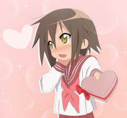 Rule 34 | 1girl, blush, box, brown hair, commentary, fang, hand on own neck, heart, heart-shaped box, highres, kusakabe misao, long sleeves, looking to the side, lucky star, meatball03, medium hair, neckerchief, parted lips, pink background, pleated skirt, red neckerchief, red sailor collar, red skirt, ryouou school uniform, sailor collar, school uniform, skirt, sleeve cuffs, solo, sparkle background, upper body, valentine, yellow eyes