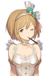 Rule 34 | 10s, 1girl, alternate costume, armlet, bad id, bad pixiv id, breasts, brown eyes, brown hair, choker, cleavage, djeeta (granblue fantasy), food, granblue fantasy, hair ornament, hanarito, heart, looking at viewer, matching hair/eyes, mouth hold, one eye closed, pocky, short hair, simple background, smile, solo, superstar (granblue fantasy), upper body, white background