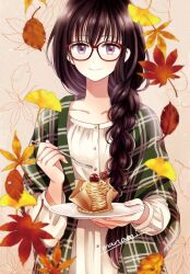 Rule 34 | 1girl, artist name, autumn leaves, black hair, braid, buttons, closed mouth, collarbone, commentary request, dress, falling leaves, food, food request, fork, ginkgo leaf, glasses, green jacket, himawari-san, himawari-san (character), holding, holding fork, holding plate, jacket, leaf, leaf background, long hair, long sleeves, looking at viewer, maple leaf, open clothes, open jacket, plaid, plaid jacket, plate, purple eyes, red-framed eyewear, signature, single braid, smile, solo, straight-on, sugano manami, upper body, white dress