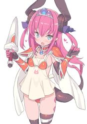 Rule 34 | 1girl, :d, apron, armor, asymmetrical legwear, bikini, bikini armor, black thighhighs, blade (galaxist), blue eyes, blush, breasts, cape, choker, commentary request, curled horns, dagger, dragon horns, dragon tail, elizabeth bathory (brave) (fate), elizabeth bathory (fate), fang, fate/grand order, fate (series), hair between eyes, hair ribbon, hands up, heart, holding, holding dagger, holding knife, holding weapon, horns, knife, long hair, looking at viewer, mismatched legwear, open mouth, pauldrons, pink hair, pointy ears, purple ribbon, red armor, red bikini, red choker, ribbon, shoulder armor, simple background, small breasts, smile, solo, string bikini, swimsuit, tail, thighhighs, tiara, two side up, vambraces, very long hair, weapon, white apron, white background, white cape
