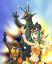 Rule 34 | 1girl, alien, claws, crossover, giant, giant monster, green hair, guilala, gumi, kaijuu, kamen rider, kamen rider amazon, kamen rider amazon (series), look-alike, monster, nyoruniru, red eyes, shochiku (film company), space monster, the x from outer space, vocaloid