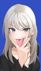 Rule 34 | 1girl, black sweater, blue background, commentary request, cunnilingus gesture, earclip, girls band cry, grey eyes, grey hair, highres, kawaragi momoka, long hair, long sleeves, looking at viewer, minasokoshizumu, simple background, solo, sweater, tongue, tongue out, upper body, v over mouth