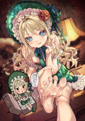 Rule 34 | 1girl, :o, :q, bare shoulders, blonde hair, blue eyes, blush, bonnet, braid, braided bangs, breasts, chibi, chibi inset, cum, cum on body, cum on feet, cup, doll, doll joints, dress, facial, feet, flower, foot focus, foot out of frame, frilled bonnet, frilled dress, frills, green dress, green pupils, green ribbon, highres, joints, kink (tortoiseshell), lamp, licking lips, lolita fashion, long hair, looking at viewer, multiple views, neck ribbon, off shoulder, original, phonograph, ribbon, saucer, silk, sitting, small breasts, smile, soles, solo, spider web, suitcase, teacup, toes, tongue, tongue out, towako (akane shinsha), translation request, wavy hair