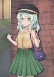 Rule 34 | 1girl, adapted costume, bag, black hat, blush, brick wall, casual, cellphone, collarbone, commentary request, contemporary, cowboy shot, green eyes, green hair, green skirt, hair between eyes, hand up, handbag, hat, highres, holding, holding phone, komeiji koishi, long hair, looking at viewer, miniskirt, outdoors, parted lips, partial commentary, phone, pleated skirt, puffy short sleeves, puffy sleeves, shirt, short sleeves, skirt, smartphone, solo, standing, touhou, yellow shirt, ys kosato