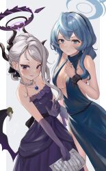 Rule 34 | 2girls, :d, absurdres, ako (blue archive), ako (dress) (blue archive), bare shoulders, blue archive, blue dress, blue eyes, blue hair, blush, breasts, cleavage, commentary, cuffs, dress, earrings, elbow gloves, glaring, gloves, grey hair, hairband, halo, highres, hina (blue archive), hina (dress) (blue archive), horns, jewelry, kairono3jou, long hair, looking at viewer, multiple girls, open mouth, purple dress, purple eyes, purple gloves, sheet music, smile, wings