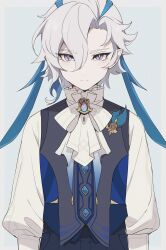 Rule 34 | 1boy, aged down, arms at sides, ascot, blue hair, bow, bowtie, brooch, closed mouth, frilled shirt collar, frills, genshin impact, grey background, grey eyes, hair between eyes, highres, jewelry, long hair, long sleeves, looking at viewer, male focus, multicolored hair, neuvillette (genshin impact), pointy ears, puffy long sleeves, puffy sleeves, shirt, short hair with long locks, simple background, slit pupils, solo, straight-on, streaked hair, sumomoi (dvcat), vest, white ascot, white bow, white bowtie, white hair, white shirt