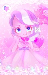 Rule 34 | 1girl, antique phone, blue eyes, blush, border, bow, child, colored skin, commentary, corded phone, curly hair, diamond tiara, dress, hair bow, hair ornament, hairpin, heart, highres, holding, holding phone, humanization, lace, lace border, lovestruck, multicolored hair, my little pony, my little pony: equestria girls, my little pony: friendship is magic, ornate border, petite, phone, pink background, pink dress, pink skin, purple hair, rotary phone, sleeveless, sleeveless dress, speech bubble, sprinkles, streaked hair, symbol-only commentary, talking on phone, tiara, torio (tumasakisamui), white hair