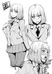 Rule 34 | 10s, 1girl, ahegao, blunt bangs, blush, greyscale, hand on own chest, heart, jpeg artifacts, looking at viewer, midorikawa hana, monochrome, multiple views, open mouth, prison school, saliva, school uniform, short hair, simple background, skirt, takurou, tears, tongue, trembling, white background