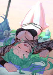 Rule 34 | 1girl, absurdres, bag, barefoot, beach, beach towel, beach umbrella, between breasts, bikini, black bikini, blush, breasts, breath, closed eyes, electric fan, fishnet top, fishnets, forehead, green hair, highres, hot, knees up, large breasts, limit (lim no sabuaka), long hair, long sleeves, lying, multi-strapped bikini, navel, nose blush, on back, open mouth, outstretched arms, shrug (clothing), solo, spread arms, sweat, swimsuit, towel, twintails, umbrella, very long hair, virtual youtuber, vspo!, wavy mouth, yakumo beni